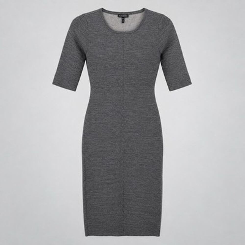 INTERMIX Merino Wool Fine Knit Sheath Dress Medium Light Gray Short Sleeves Work